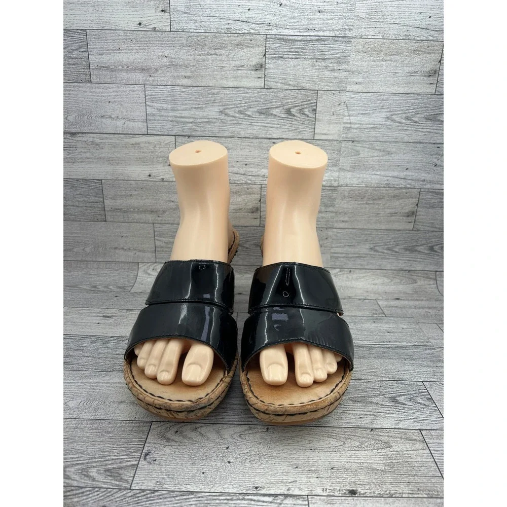 Born B94609 Black Patent Leather Cork Wedge Slide Sandals Women Sz US 10 EU 42